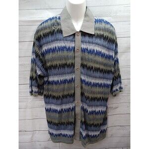 Vtg Creme De Silk Men Textured Black Blue Button Down Short Sleeve Multicolor XL
